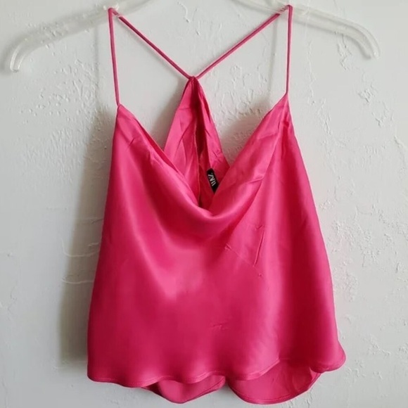 ZARA Satin Effect Cowl Neck Open Back Cropped Cami Size L Neon Pink - Picture 1 of 5